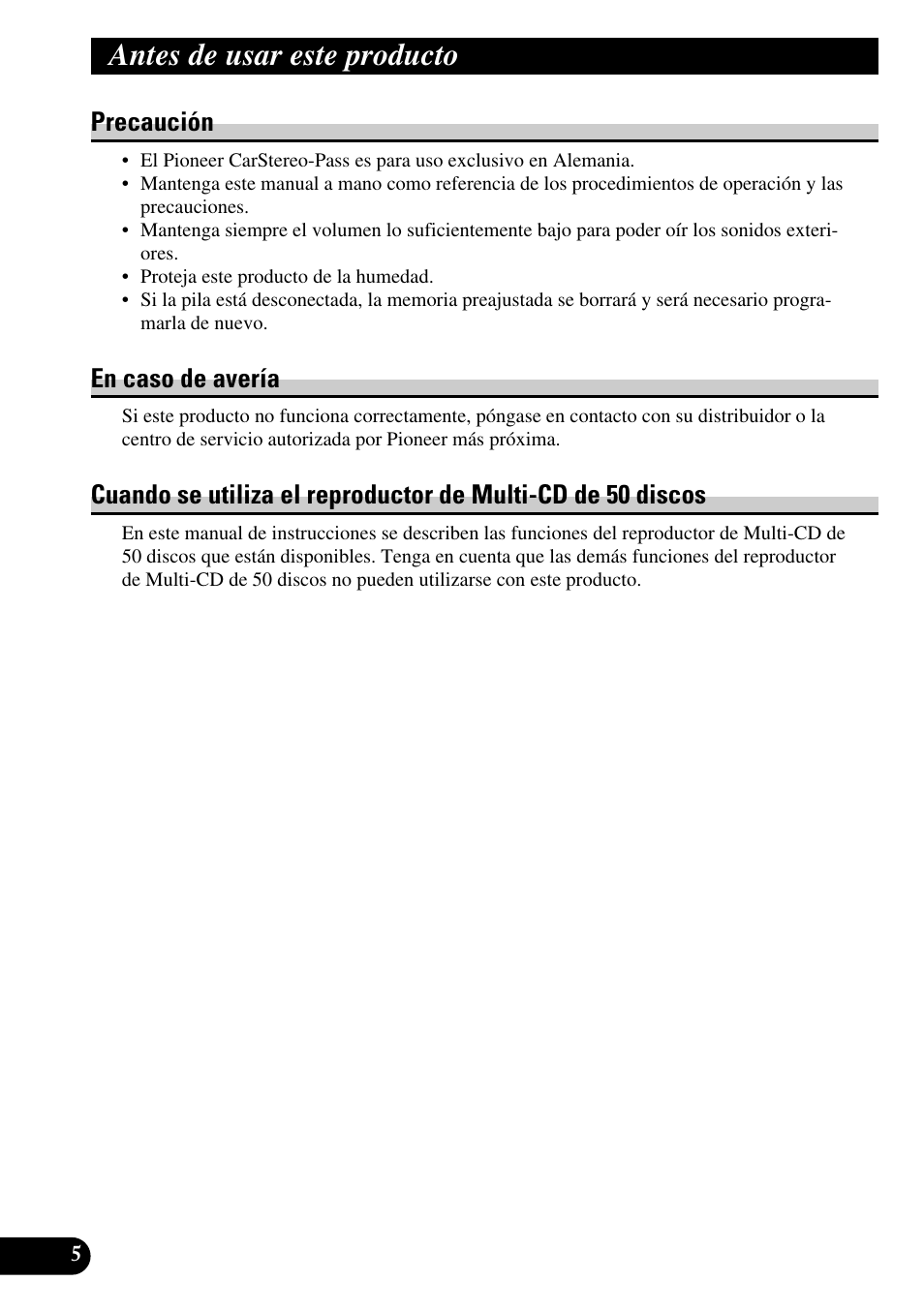 50 discos, Antes de usar este producto, Precaución | En caso de avería | Pioneer KEH-P4010R User Manual | Page 38 / 100