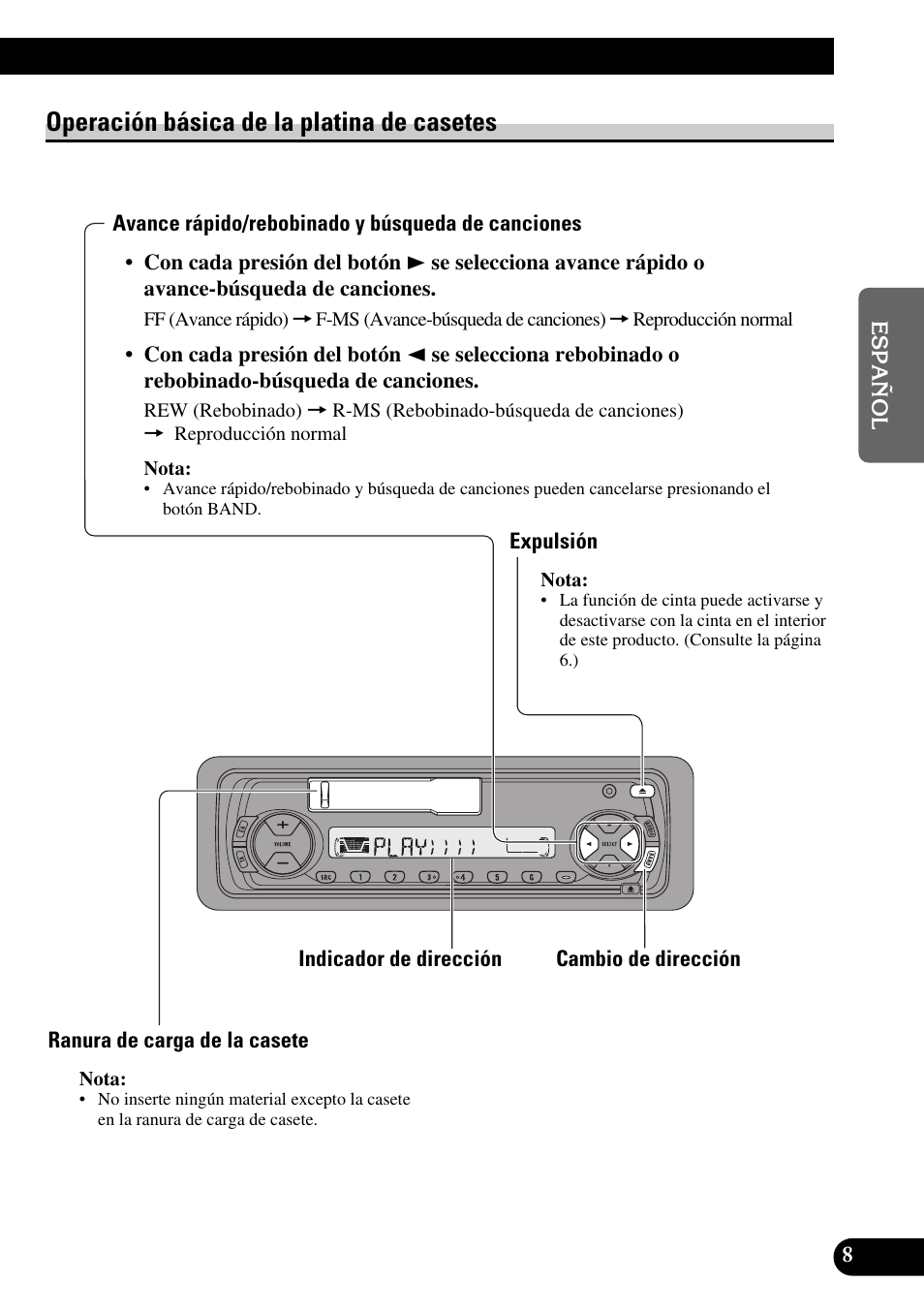 Operación básica de la platina de casetes, Avance rápido/rebobinado y búsqueda de canciones, Expulsión | Ranura de carga de la casete, Cambio de dirección | Pioneer KEH-P4010R User Manual | Page 41 / 100