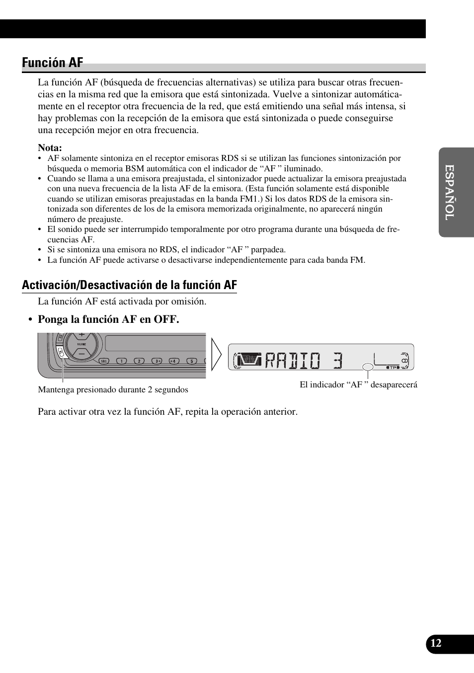 Función af, Activación/desactivación de la función af | Pioneer KEH-P4010R User Manual | Page 45 / 100