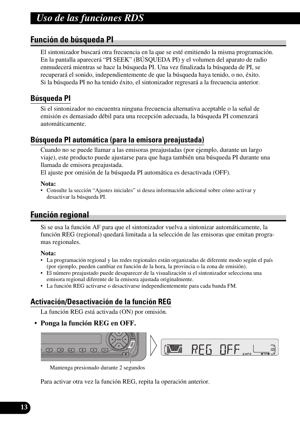 Función de búsqueda pi, Búsqueda pi, Función regional | Activación/desactivación de la función reg, Uso de las funciones rds | Pioneer KEH-P4010R User Manual | Page 46 / 100