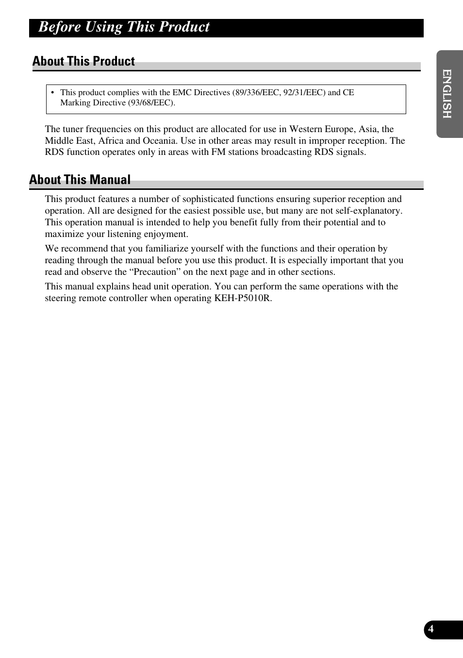 Before using this product, About this product about this manual, About this product | About this manual | Pioneer KEH-P4010R User Manual | Page 5 / 100