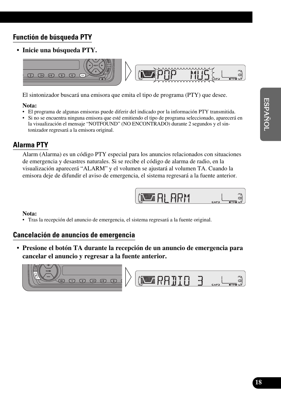 Función de búsqueda pty, Alarma pty, Cancelación de anuncios de emergencia | Functión de búsqueda pty | Pioneer KEH-P4010R User Manual | Page 51 / 100