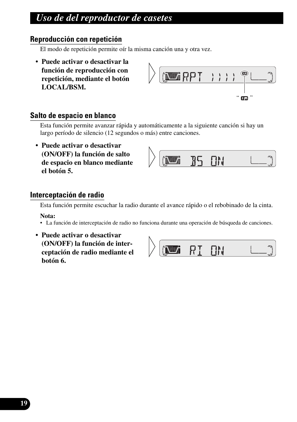 Uso de del reproductor de casetes, Reproducción con repetición, Salto de espacio en blanco | Interceptación de radio | Pioneer KEH-P4010R User Manual | Page 52 / 100