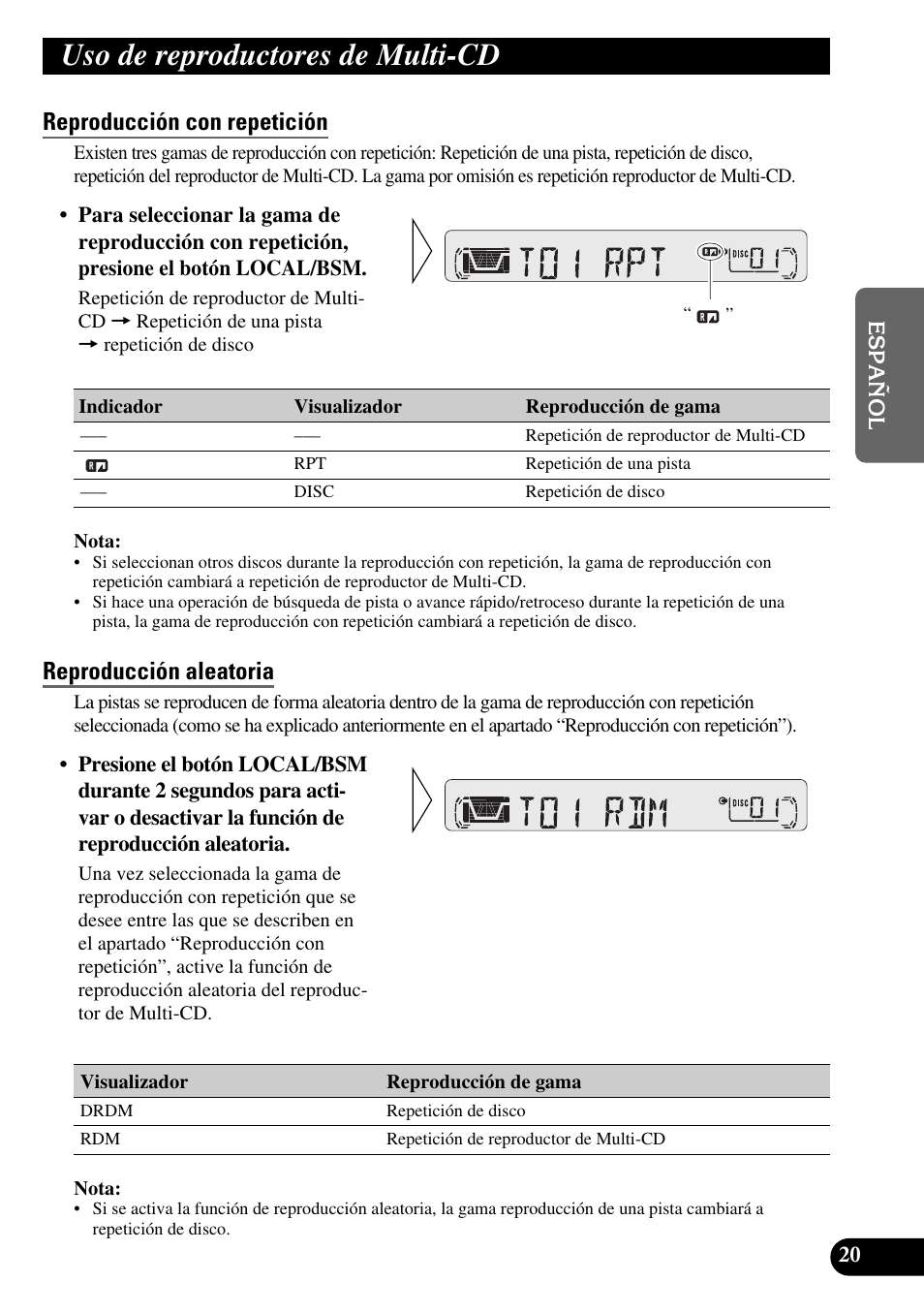 Uso de reproductores de multi-cd, Reproducción con repetición, Reproducción aleatoria | Pioneer KEH-P4010R User Manual | Page 53 / 100