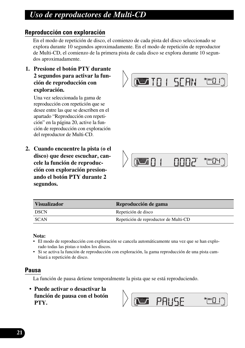 Reproducción con exploración, Pausa, Uso de reproductores de multi-cd | Pioneer KEH-P4010R User Manual | Page 54 / 100