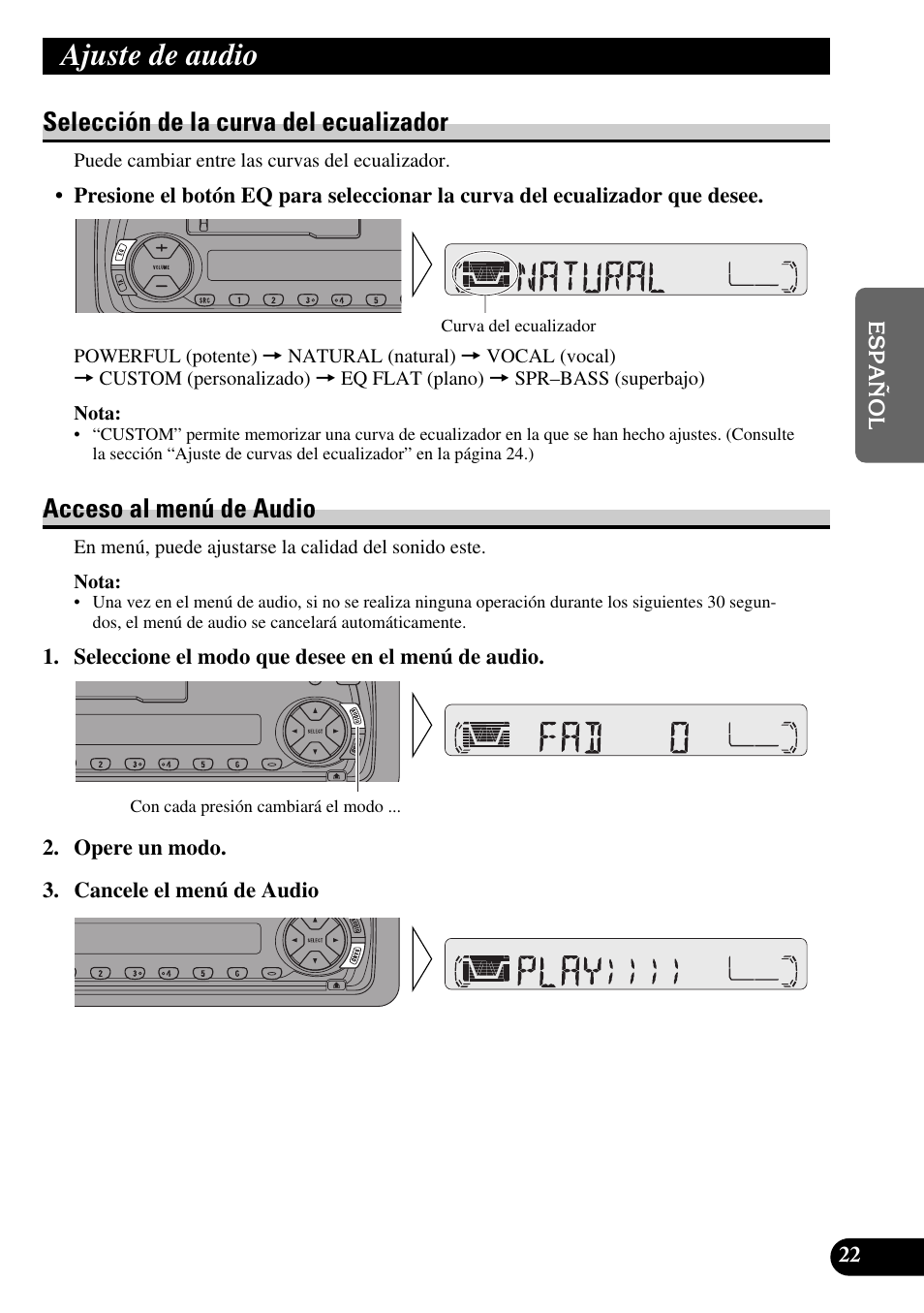 Ajuste de audio, Selección de la curva del ecualizador, Acceso al menú de audio | Pioneer KEH-P4010R User Manual | Page 55 / 100