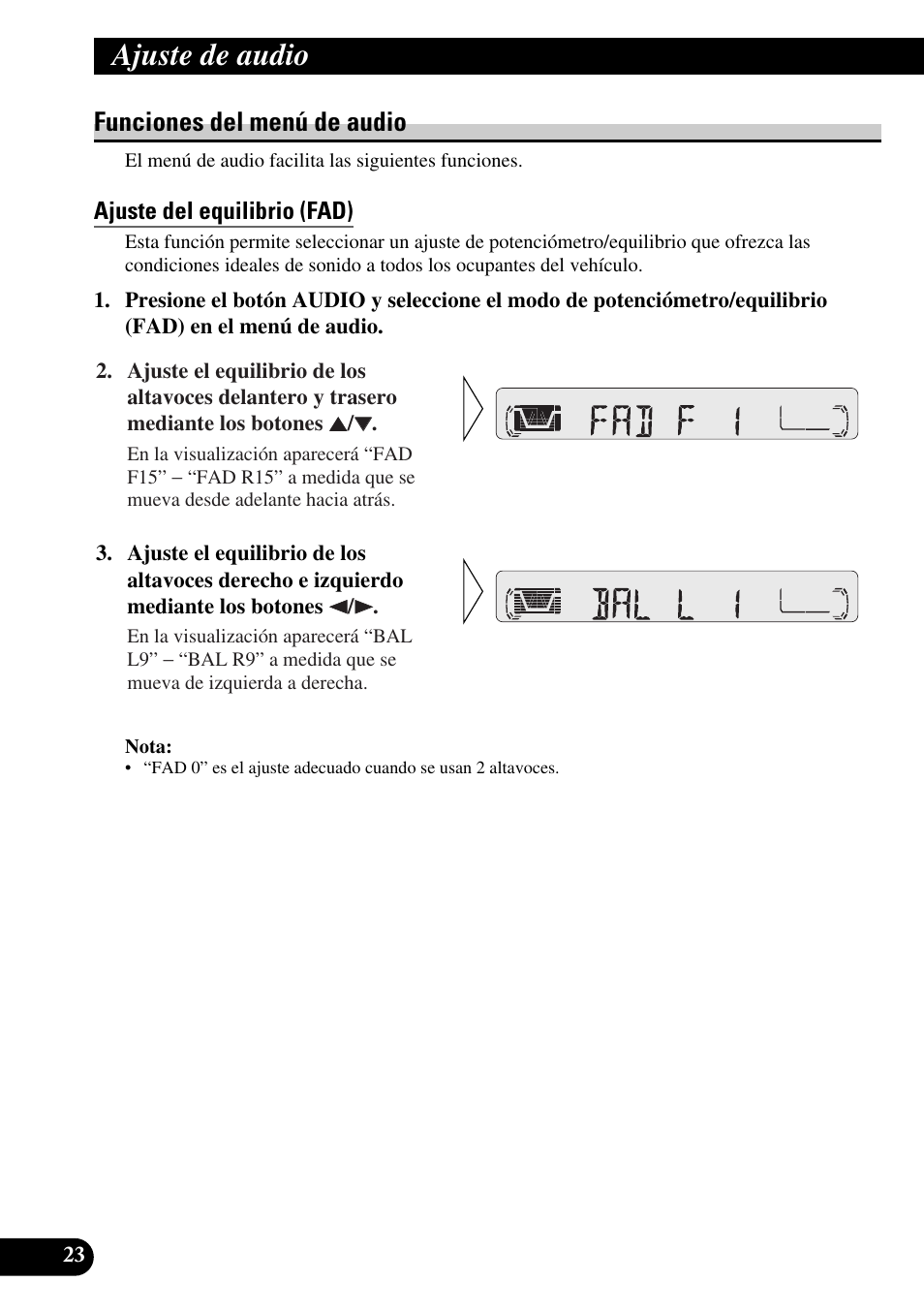 Funciones del menú de audio, Ajuste del equilibrio (fad), Ajuste de audio | Pioneer KEH-P4010R User Manual | Page 56 / 100