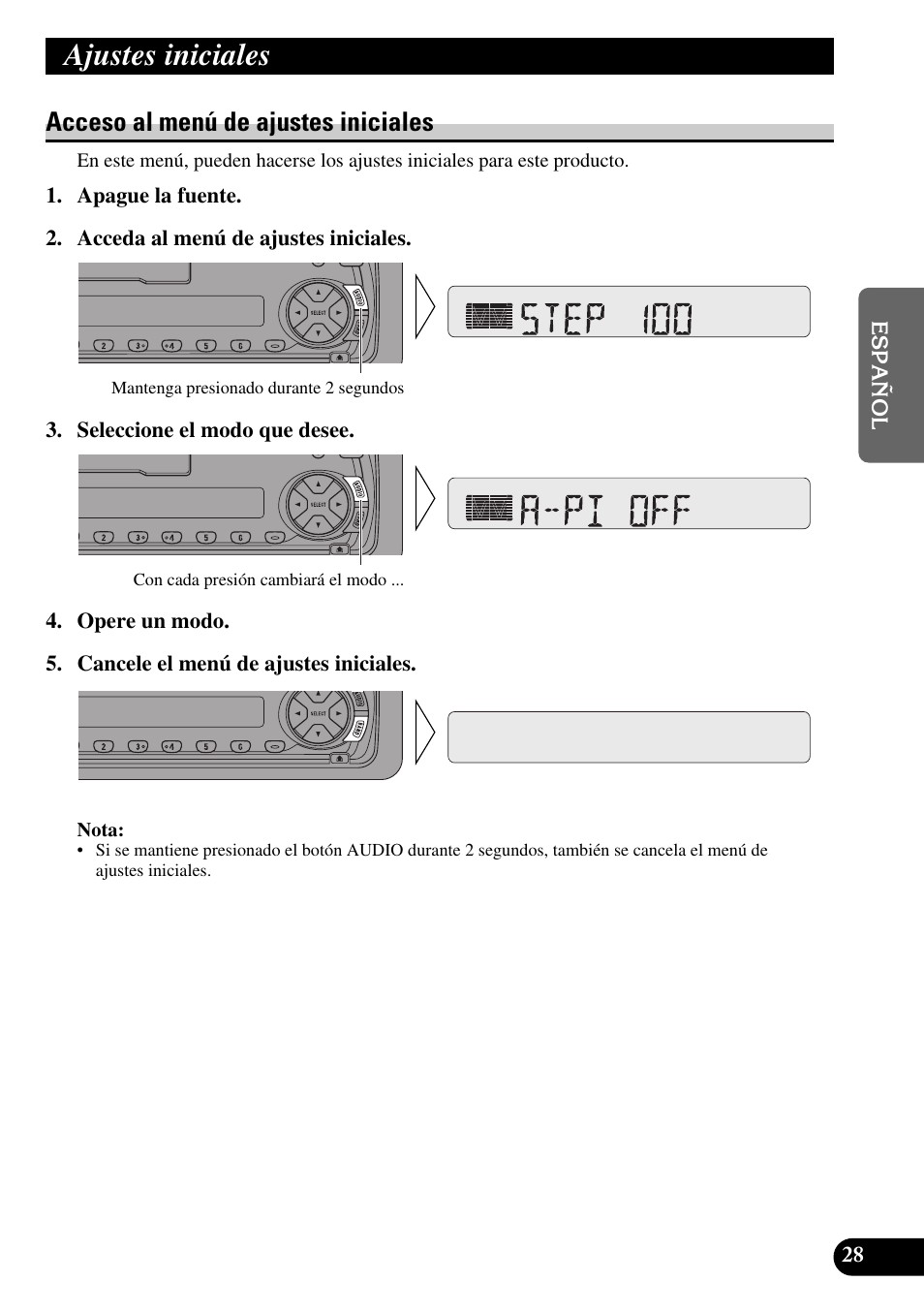 Ajustes iniciales, Acceso al menú de ajustes iniciales | Pioneer KEH-P4010R User Manual | Page 61 / 100