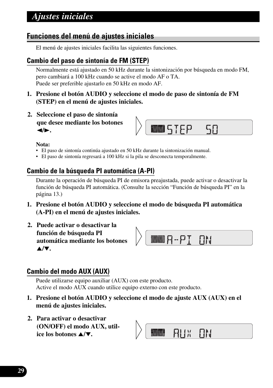 Funciones del menú de ajustes iniciales, Cambio del paso de sintonía de fm (step), Cambio de la búsqueda pi automática (a-pi) | Cambio del modo aux (aux), Ajustes iniciales | Pioneer KEH-P4010R User Manual | Page 62 / 100