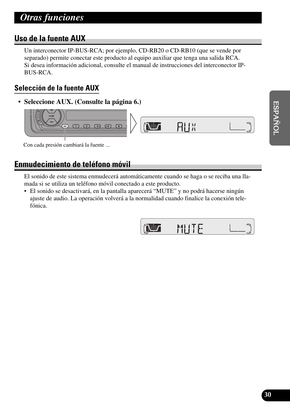 Otras funciones, Uso de la fuente aux, Selección de la fuente aux | Enmudecimiento de teléfono móvil | Pioneer KEH-P4010R User Manual | Page 63 / 100