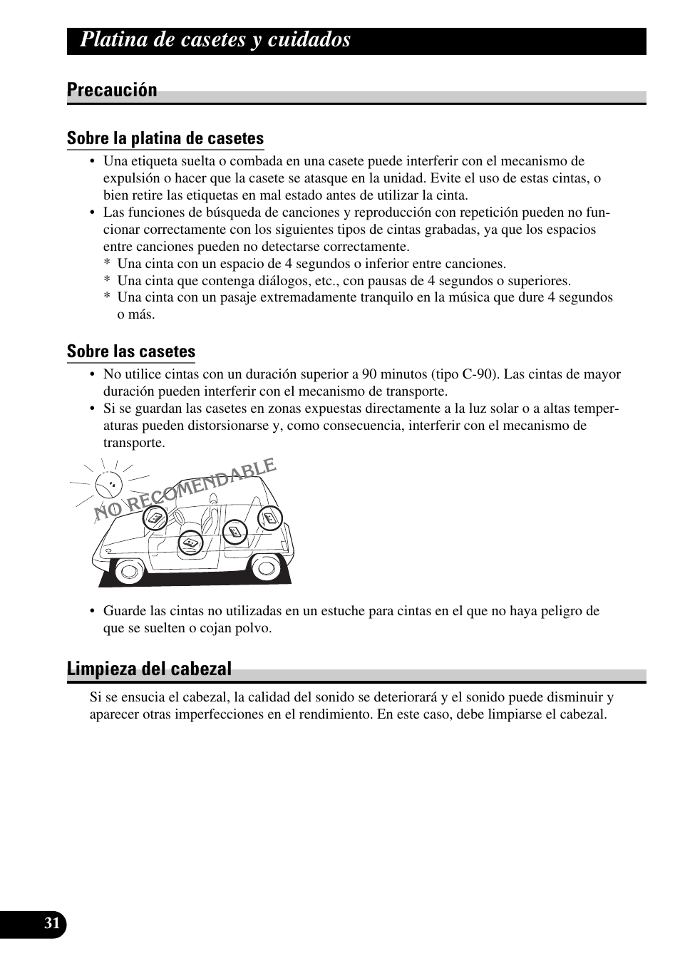Platina de casetes y cuidados, Precaución, Sobre la platina de casetes | Sobre las casetes, Limpieza del cabezal | Pioneer KEH-P4010R User Manual | Page 64 / 100