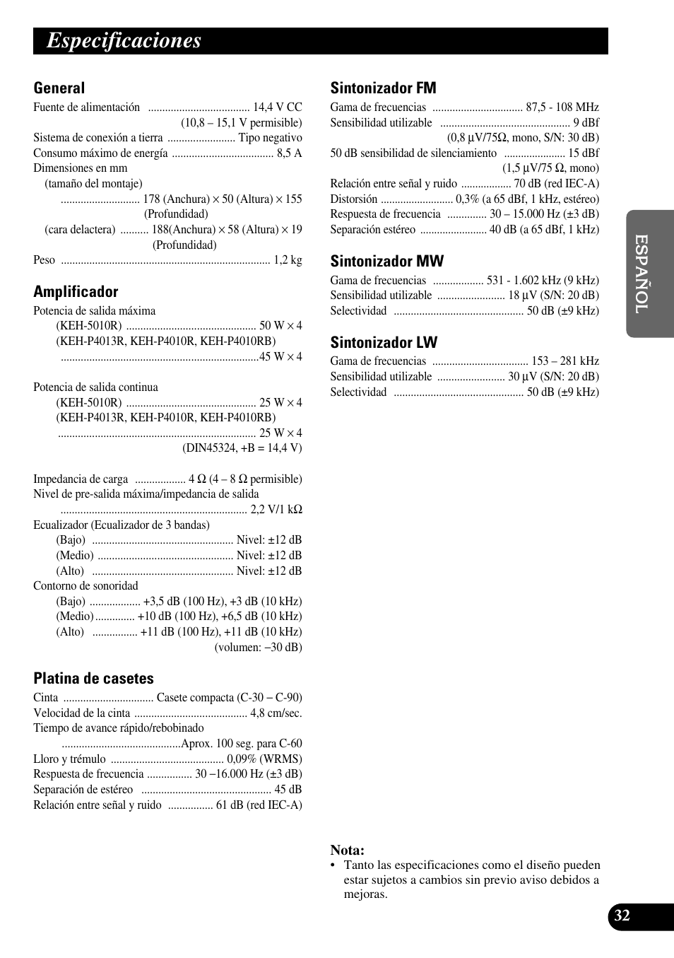 Especificaciones | Pioneer KEH-P4010R User Manual | Page 65 / 100