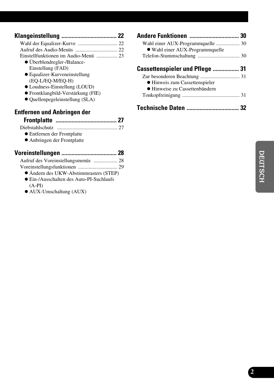 Klangeinstellung, Entfernen und anbringen der frontplatte, Voreinstellungen | Andere funktionen, Cassettenspieler und pflege | Pioneer KEH-P4010R User Manual | Page 67 / 100