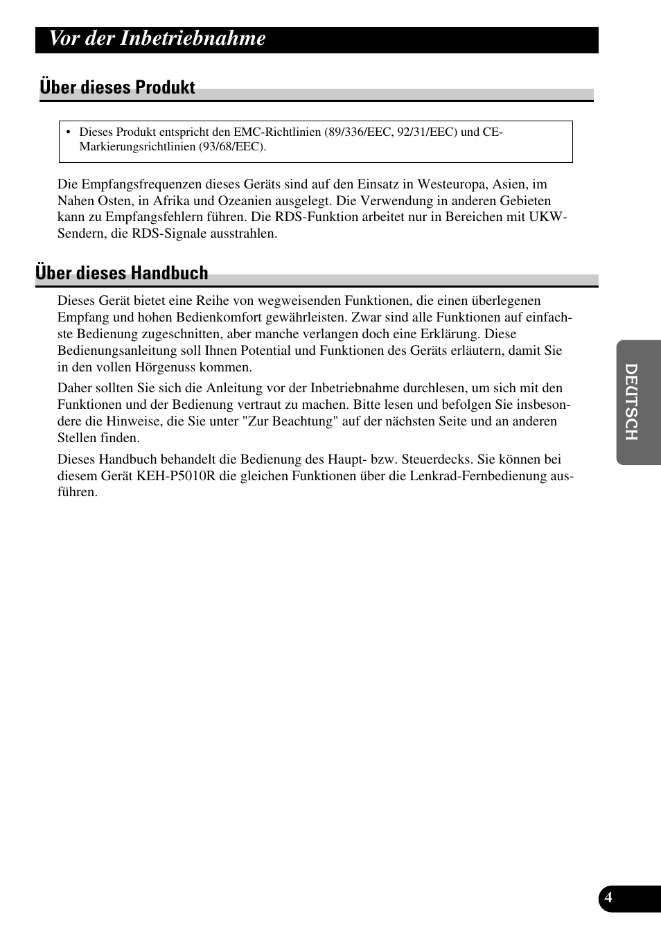 Vor der inbetriebnahme, Über dieses produkt über dieses handbuch, Über dieses produkt | Über dieses handbuch | Pioneer KEH-P4010R User Manual | Page 69 / 100