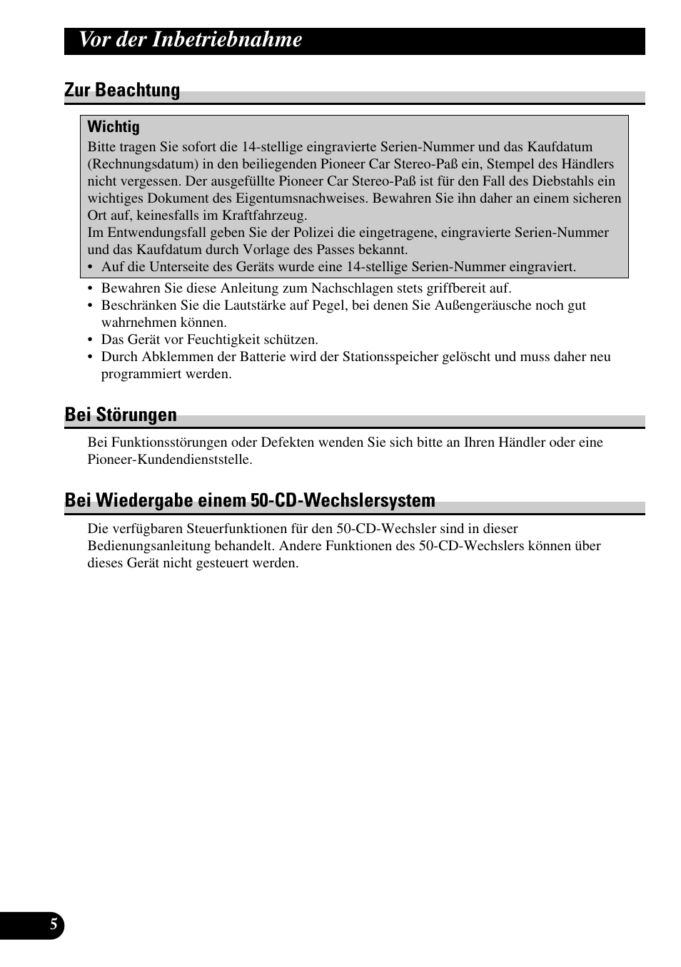 Zur beachtung bei störungen bei wiedergabe, Einem 50-cd-wechslersystem, Vor der inbetriebnahme | Zur beachtung, Bei störungen, Bei wiedergabe einem 50-cd-wechslersystem | Pioneer KEH-P4010R User Manual | Page 70 / 100