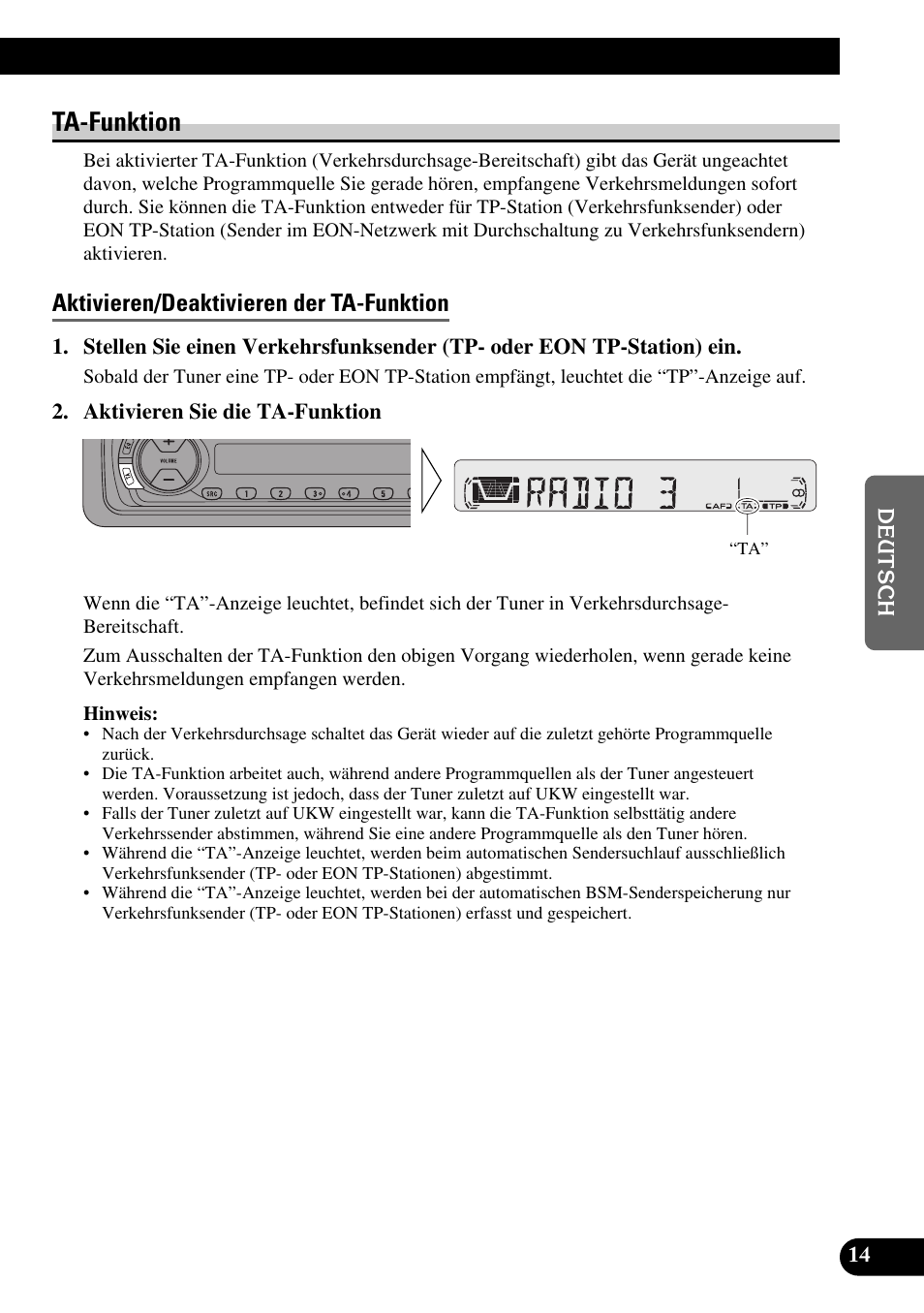 Ta-funktion, Aktivieren/deaktivieren der ta-funktion | Pioneer KEH-P4010R User Manual | Page 79 / 100