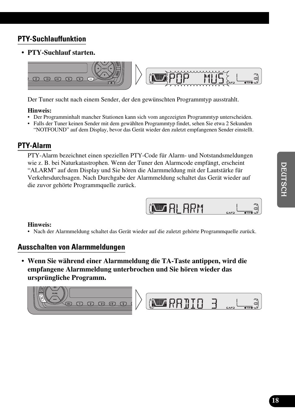 Pty-suchlauffunktion, Pty-alarm, Ausschalten von alarmmeldungen | Pioneer KEH-P4010R User Manual | Page 83 / 100