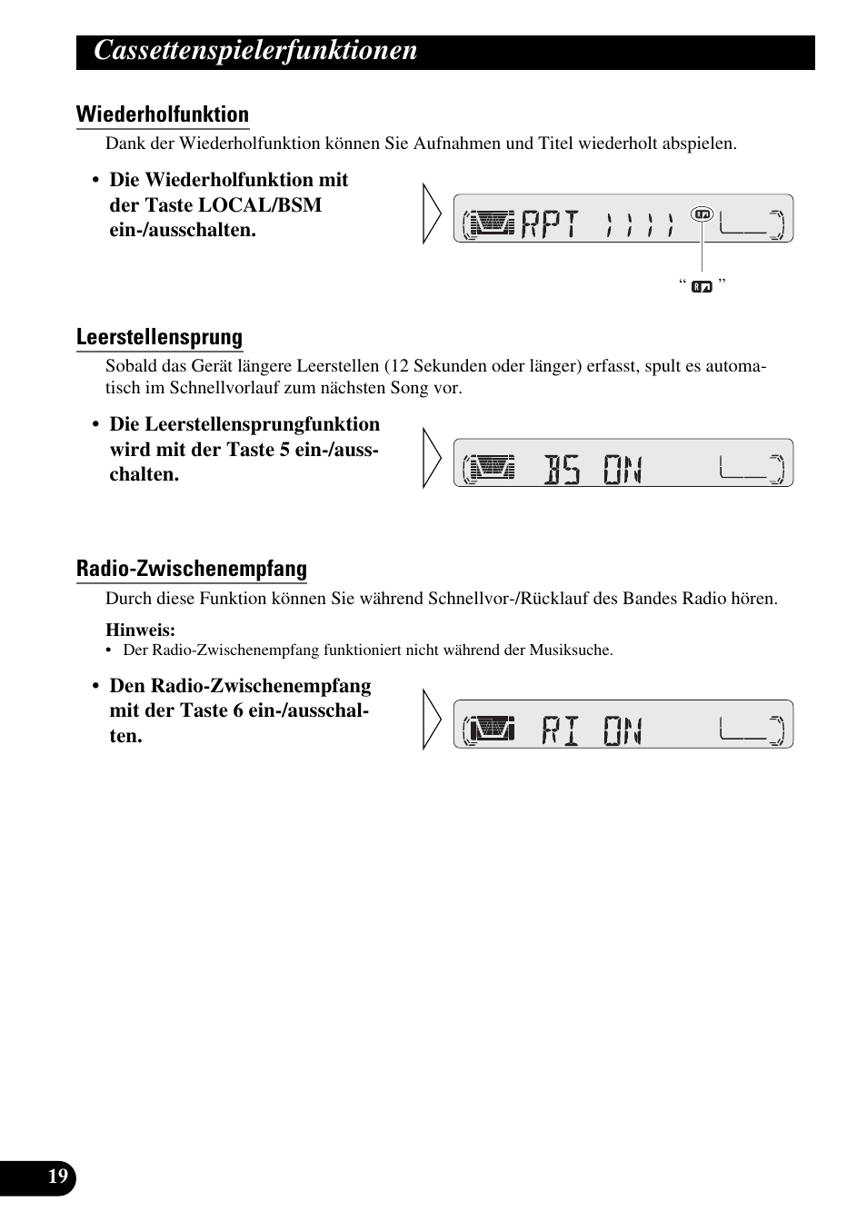 Cassettenspielerfunktionen, Wiederholfunktion, Leerstellensprung | Radio-zwischenempfang | Pioneer KEH-P4010R User Manual | Page 84 / 100