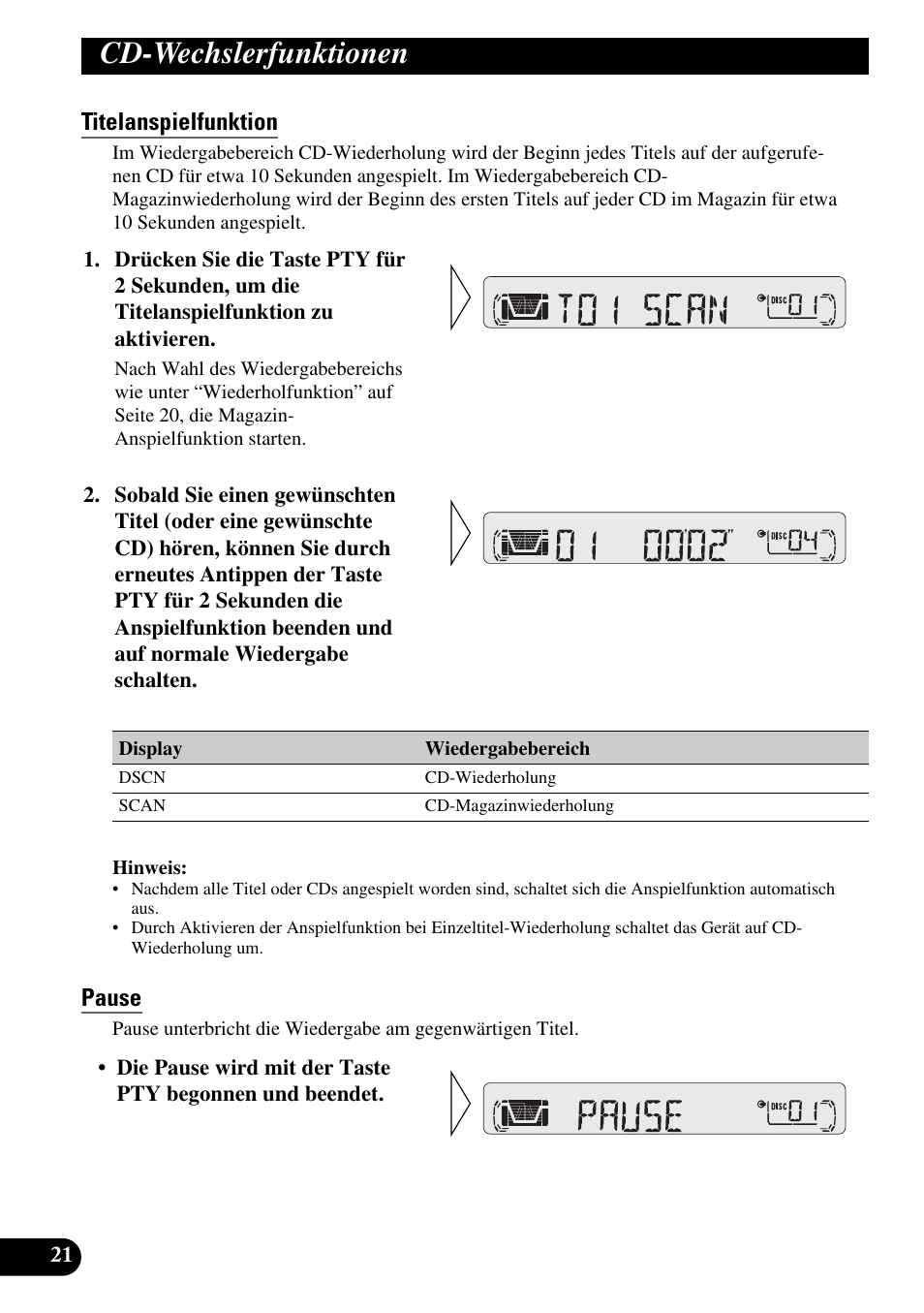 Titelanspielfunktion, Pause, Cd-wechslerfunktionen | Pioneer KEH-P4010R User Manual | Page 86 / 100