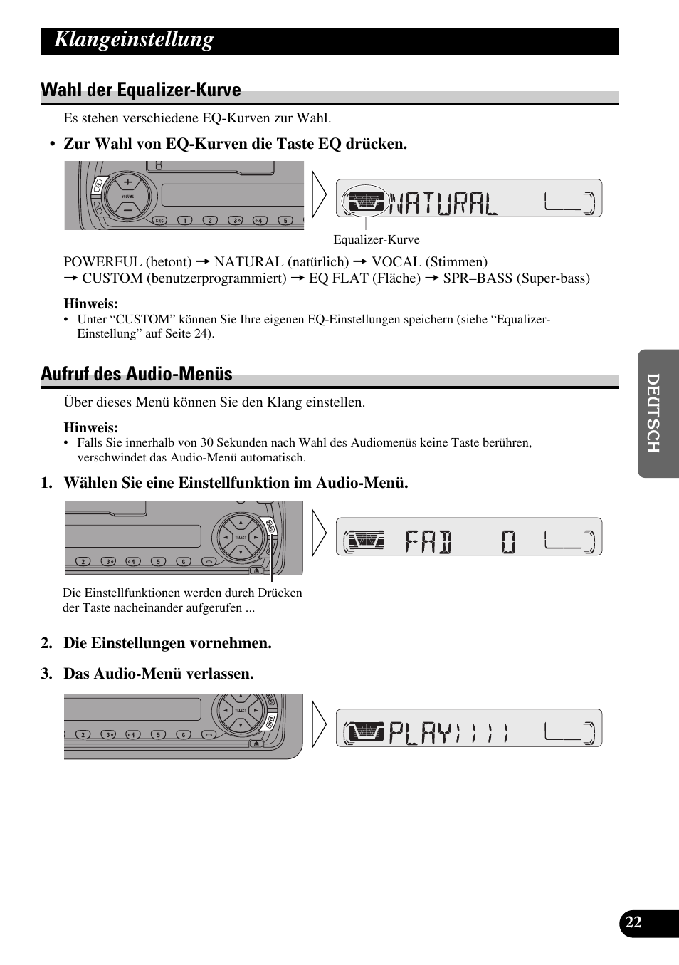 Klangeinstellung, Wahl der equalizer-kurve aufruf des audio-menüs, Wahl der equalizer-kurve | Aufruf des audio-menüs | Pioneer KEH-P4010R User Manual | Page 87 / 100