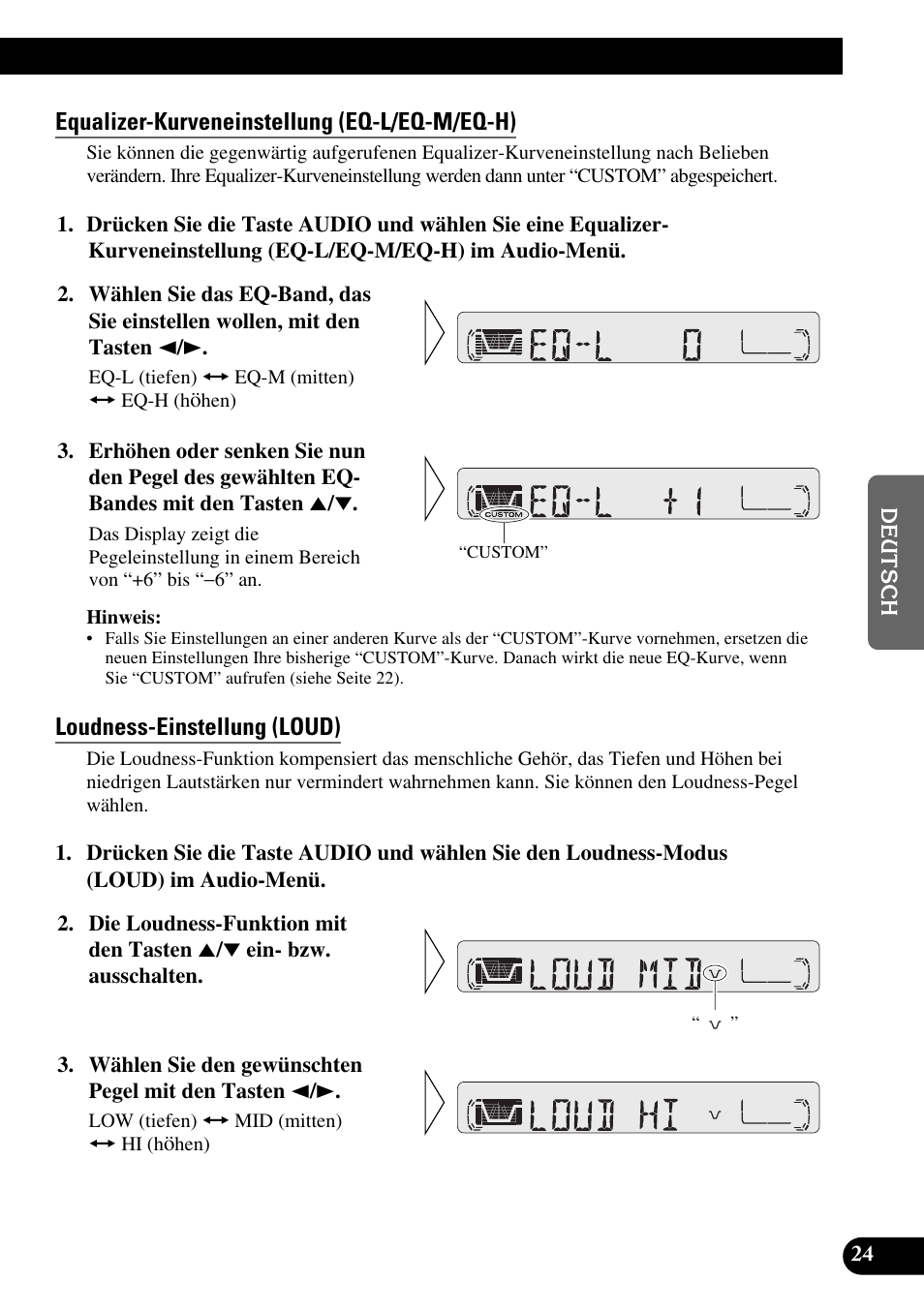 Equalizer-kurveneinstellung (eq-l/eq-m/eq-h), Loudness-einstellung (loud) | Pioneer KEH-P4010R User Manual | Page 89 / 100