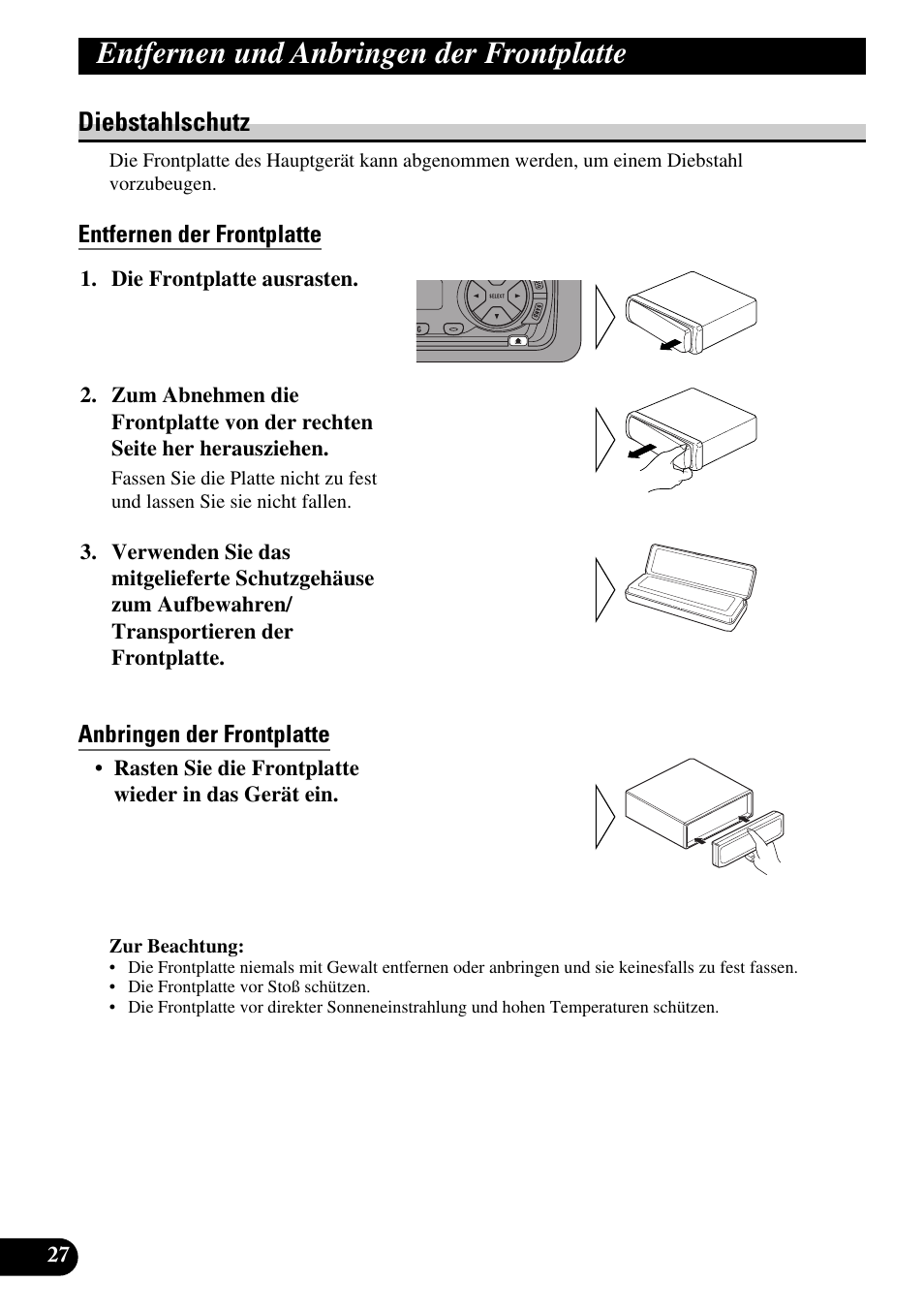 Entfernen und anbringen der, Frontplatte, Diebstahlschutz | Entfernen der frontplatte, Anbringen der frontplatte, Entfernen und anbringen der frontplatte | Pioneer KEH-P4010R User Manual | Page 92 / 100