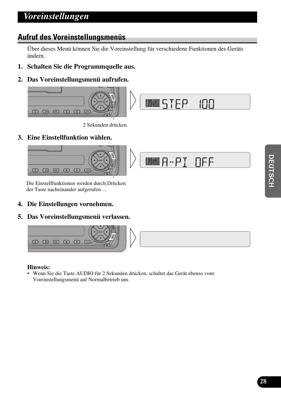 Voreinstellungen, Aufruf des voreinstellungsmenüs | Pioneer KEH-P4010R User Manual | Page 93 / 100