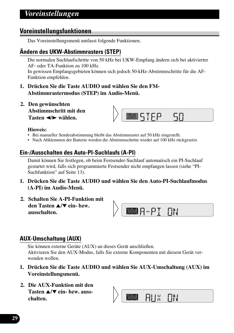 Voreinstellungsfunktionen, Ändern des ukw-abstimmrasters (step), Ein-/ausschalten des auto-pi-suchlaufs (a-pi) | Aux-umschaltung (aux), Voreinstellungen | Pioneer KEH-P4010R User Manual | Page 94 / 100