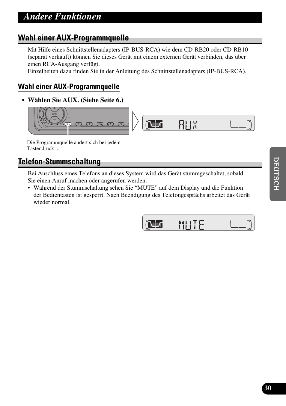 Andere funktionen, Wahl einer aux-programmquelle, Telefon-stummschaltung | Pioneer KEH-P4010R User Manual | Page 95 / 100