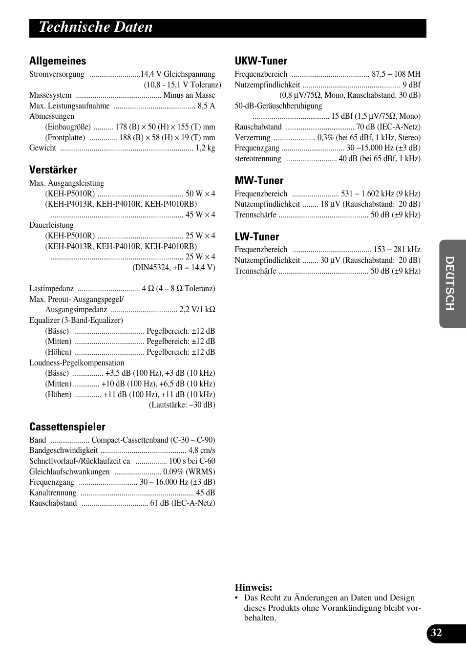 Technische daten | Pioneer KEH-P4010R User Manual | Page 97 / 100