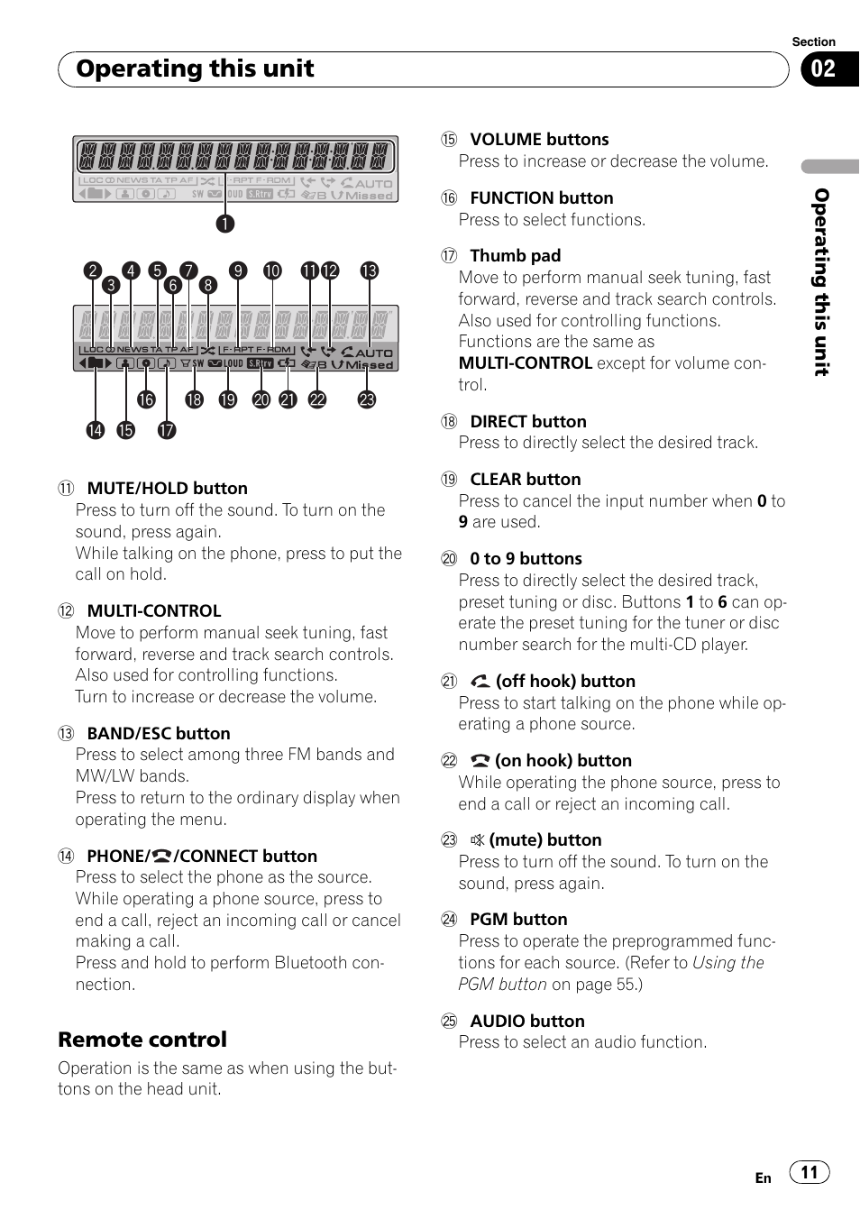 Remote control 11, Operating this unit | Pioneer DEH-P700BT User Manual | Page 11 / 72