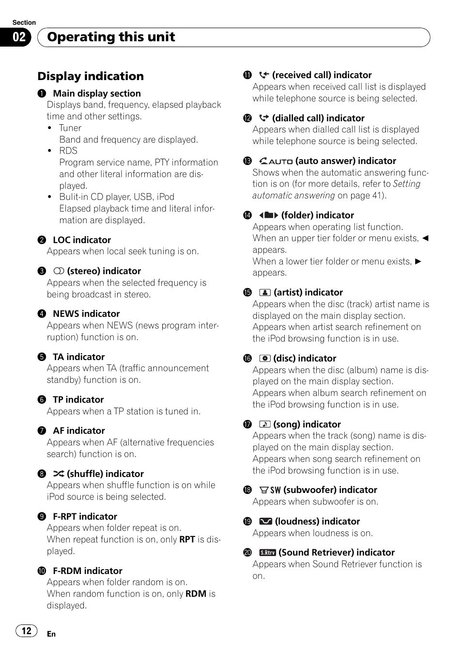 Display indication 12, Operating this unit, Display indication | Pioneer DEH-P700BT User Manual | Page 12 / 72