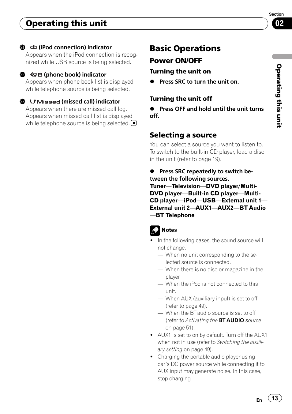 Basic operations, Power on/off 13, Selecting a source 13 | Operating this unit, Power on/off, Selecting a source | Pioneer DEH-P700BT User Manual | Page 13 / 72