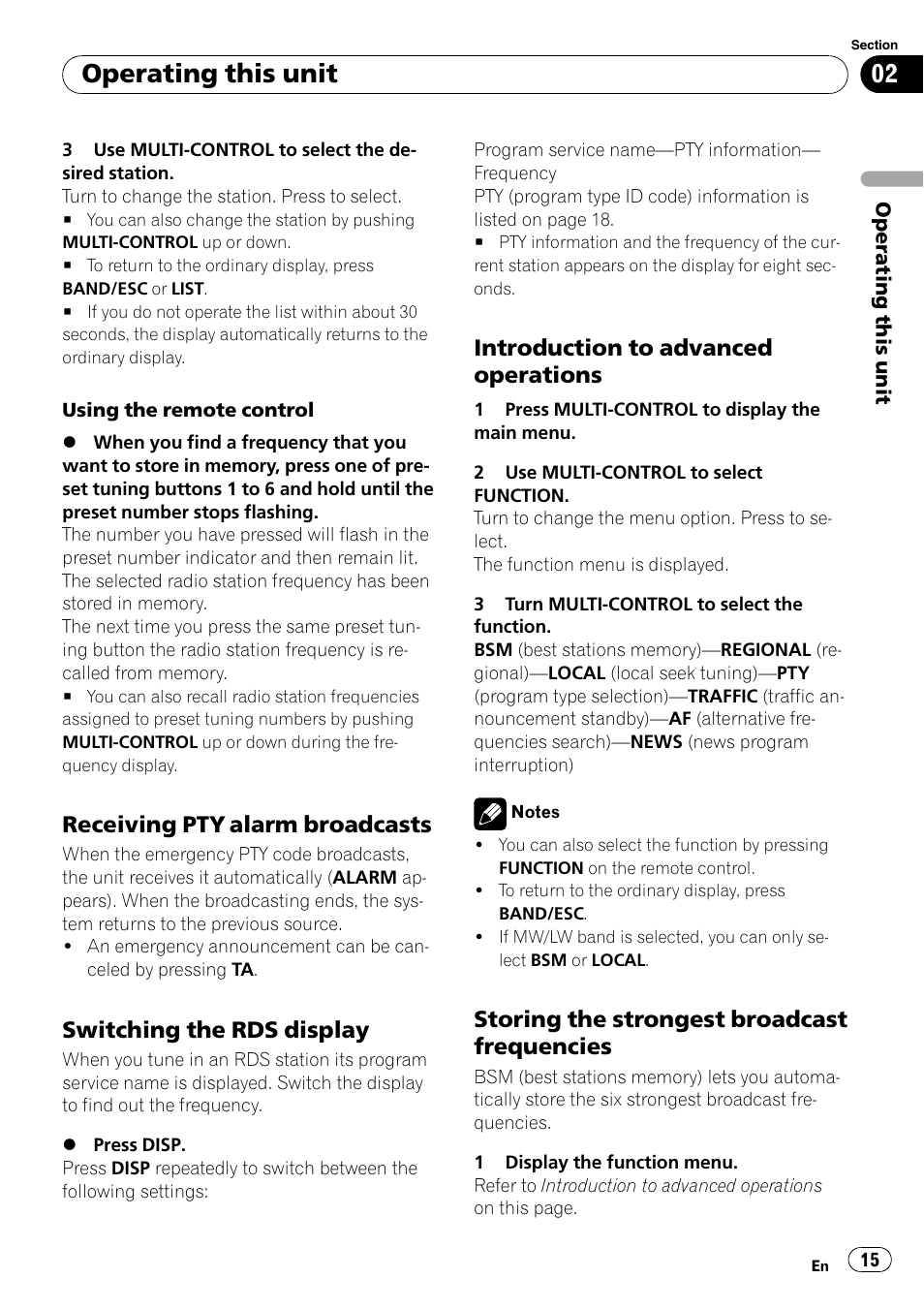 Receiving pty alarm broadcasts 15, Switching the rds display 15, Introduction to advanced | Operations, Storing the strongest broadcast, Frequencies, Operating this unit, Receiving pty alarm broadcasts, Switching the rds display, Introduction to advanced operations | Pioneer DEH-P700BT User Manual | Page 15 / 72