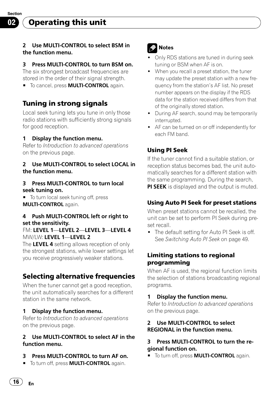 Tuning in strong signals 16, Selecting alternative frequencies 16, Operating this unit | Tuning in strong signals, Selecting alternative frequencies | Pioneer DEH-P700BT User Manual | Page 16 / 72