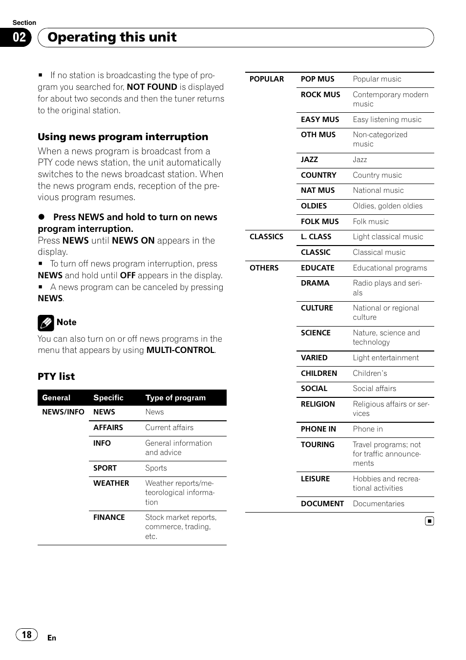 Operating this unit, Using news program interruption, Pty list | Pioneer DEH-P700BT User Manual | Page 18 / 72