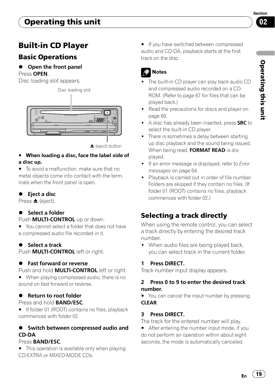 Built-in cd player, Basic operations 19, Selecting a track directly 19 | Operating this unit, Basic operations, Selecting a track directly | Pioneer DEH-P700BT User Manual | Page 19 / 72
