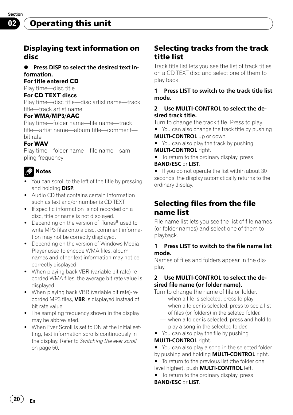 Displaying text information on disc 20, Selecting tracks from the track title, List | Selecting files from the file name, Operating this unit, Displaying text information on disc, Selecting tracks from the track title list, Selecting files from the file name list | Pioneer DEH-P700BT User Manual | Page 20 / 72