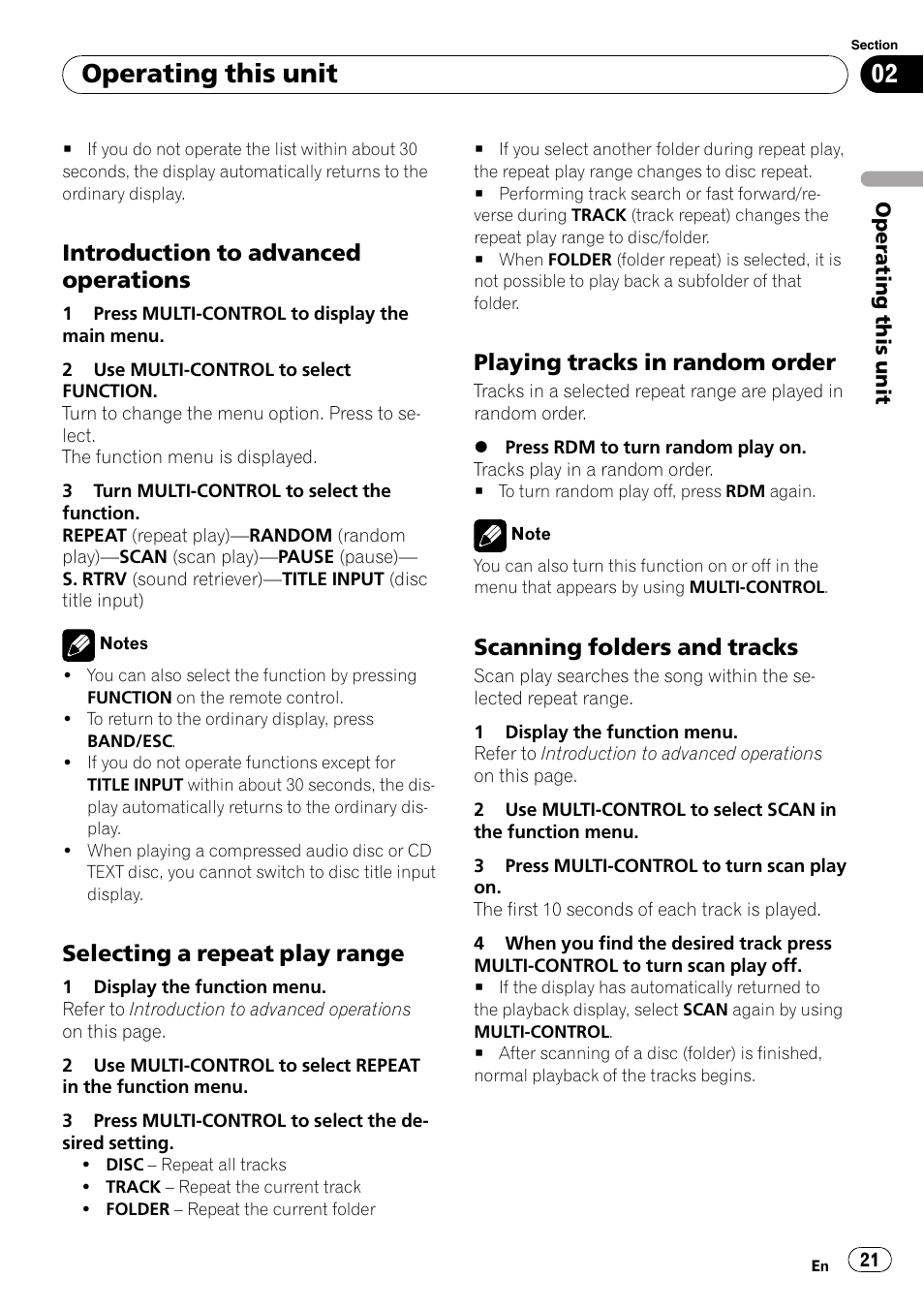 Introduction to advanced, Operations, Selecting a repeat play range 21 | Playing tracks in random order 21, Scanning folders and tracks 21, Operating this unit, Introduction to advanced operations, Selecting a repeat play range, Playing tracks in random order, Scanning folders and tracks | Pioneer DEH-P700BT User Manual | Page 21 / 72