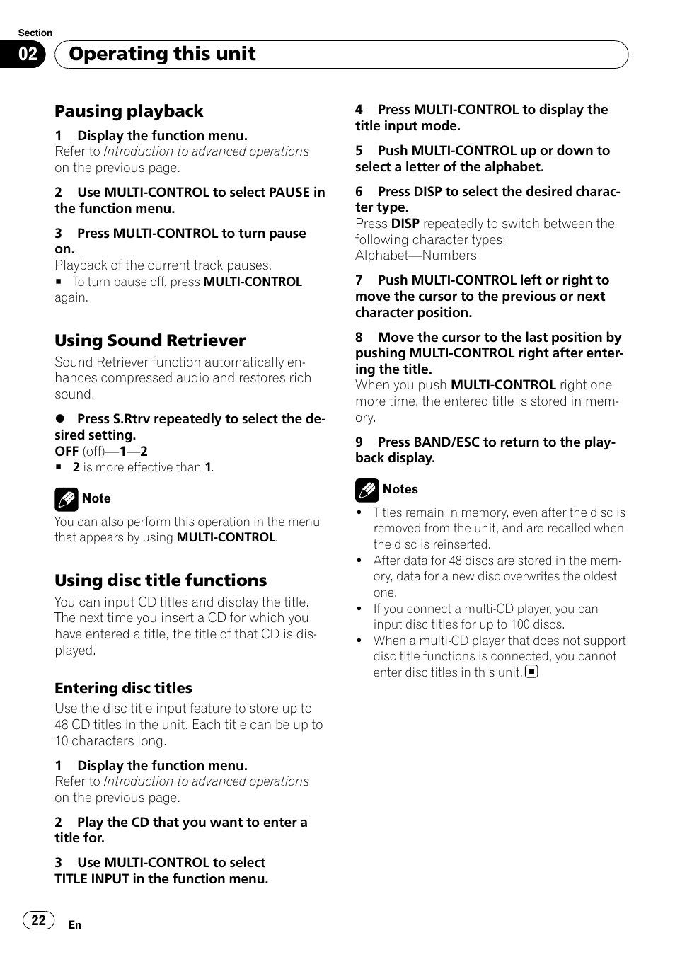 Pausing playback 22, Using sound retriever 22, Using disc title functions 22 | Operating this unit, Pausing playback, Using sound retriever, Using disc title functions | Pioneer DEH-P700BT User Manual | Page 22 / 72