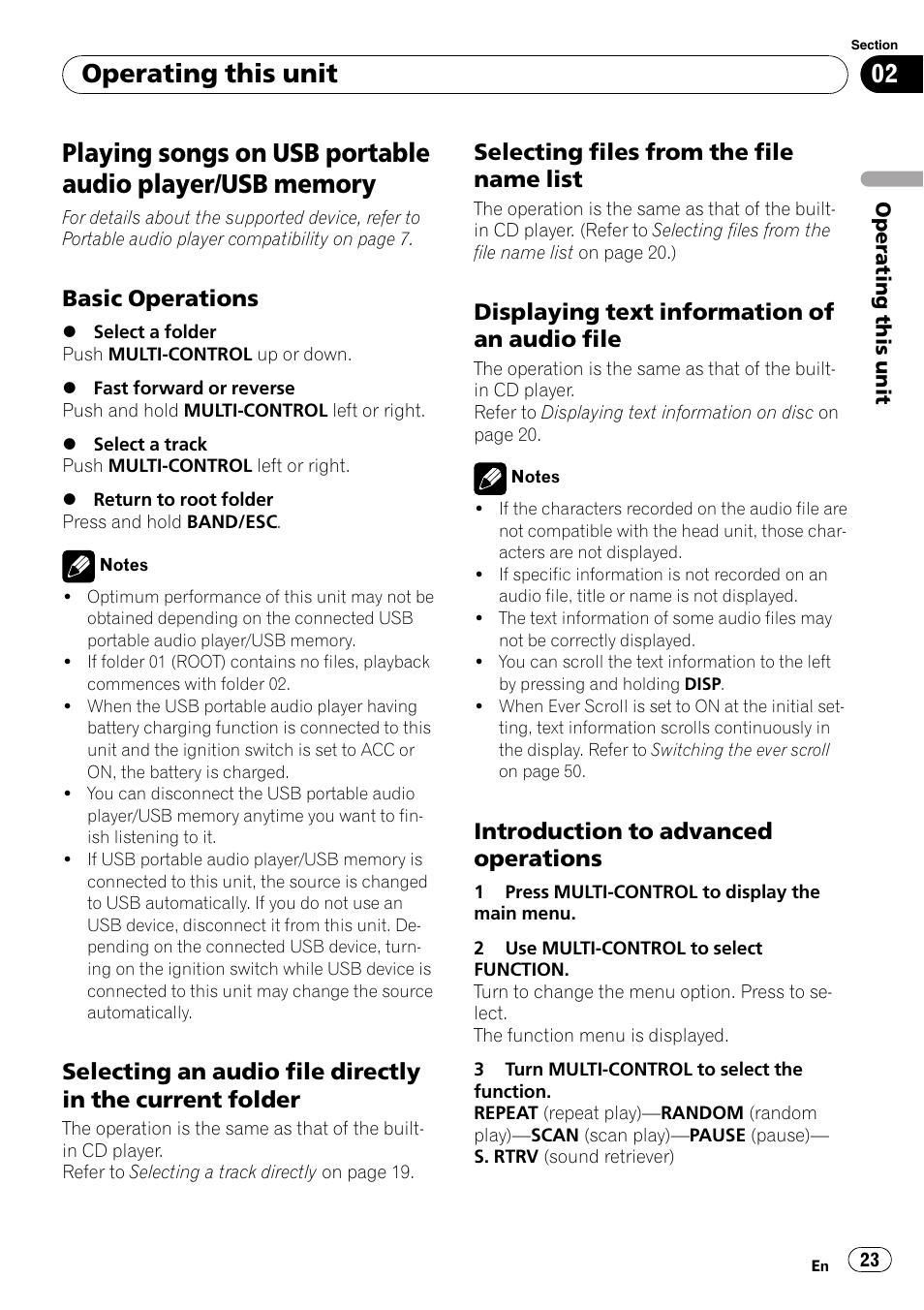 Playing songs on usb portable audio player, Usb memory, Basic operations 23 | Selecting an audio file directly in the, Current folder, Selecting files from the file name, List, Displaying text information of an audio, File, Introduction to advanced | Pioneer DEH-P700BT User Manual | Page 23 / 72