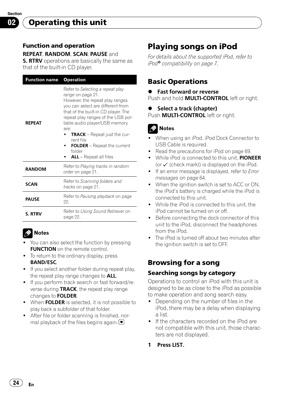 Playing songs on ipod, Basic operations 24, Browsing for a song 24 | Operating this unit, Basic operations, Browsing for a song | Pioneer DEH-P700BT User Manual | Page 24 / 72