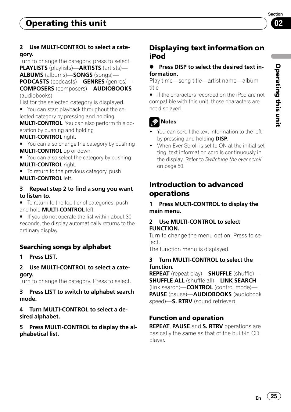 Displaying text information on, Ipod, Introduction to advanced | Operations, Operating this unit, Displaying text information on ipod, Introduction to advanced operations | Pioneer DEH-P700BT User Manual | Page 25 / 72