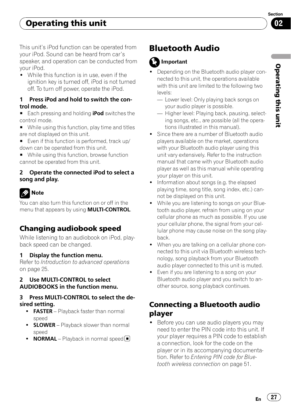 Changing audiobook speed 27, Bluetooth audio, Connecting a bluetooth audio | Player, Operating this unit, Changing audiobook speed, Connecting a bluetooth audio player | Pioneer DEH-P700BT User Manual | Page 27 / 72