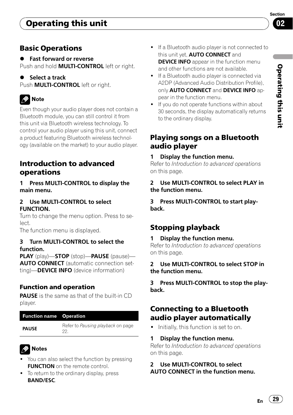 Basic operations 29, Introduction to advanced, Operations | Playing songs on a bluetooth audio, Player, Stopping playback 29, Connecting to a bluetooth audio player, Automatically, Operating this unit, Basic operations | Pioneer DEH-P700BT User Manual | Page 29 / 72