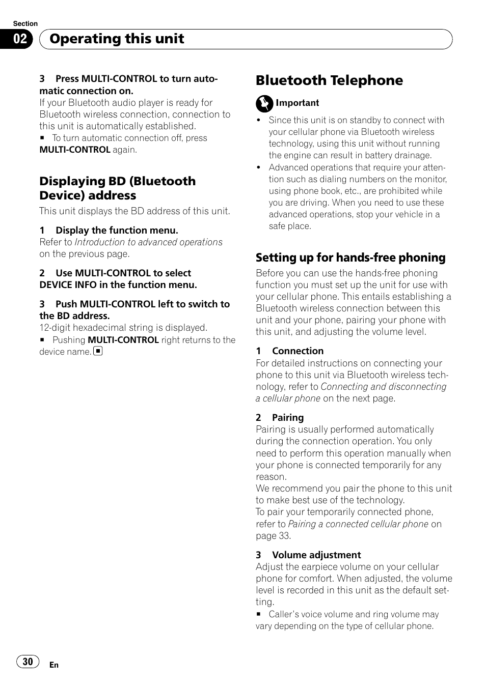 Displaying bd (bluetooth device), Address, Bluetooth telephone | Setting up for hands-free phoning 30, Operating this unit, Displaying bd (bluetooth device) address, Setting up for hands-free phoning | Pioneer DEH-P700BT User Manual | Page 30 / 72