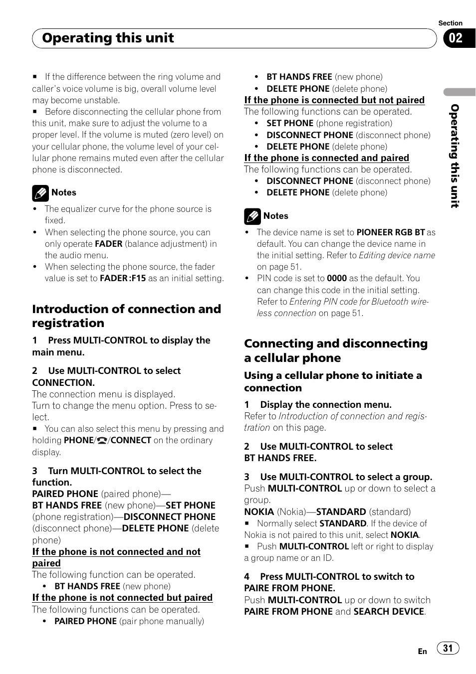 Introduction of connection and, Registration, Connecting and disconnecting a | Cellular phone, Operating this unit, Introduction of connection and registration, Connecting and disconnecting a cellular phone | Pioneer DEH-P700BT User Manual | Page 31 / 72