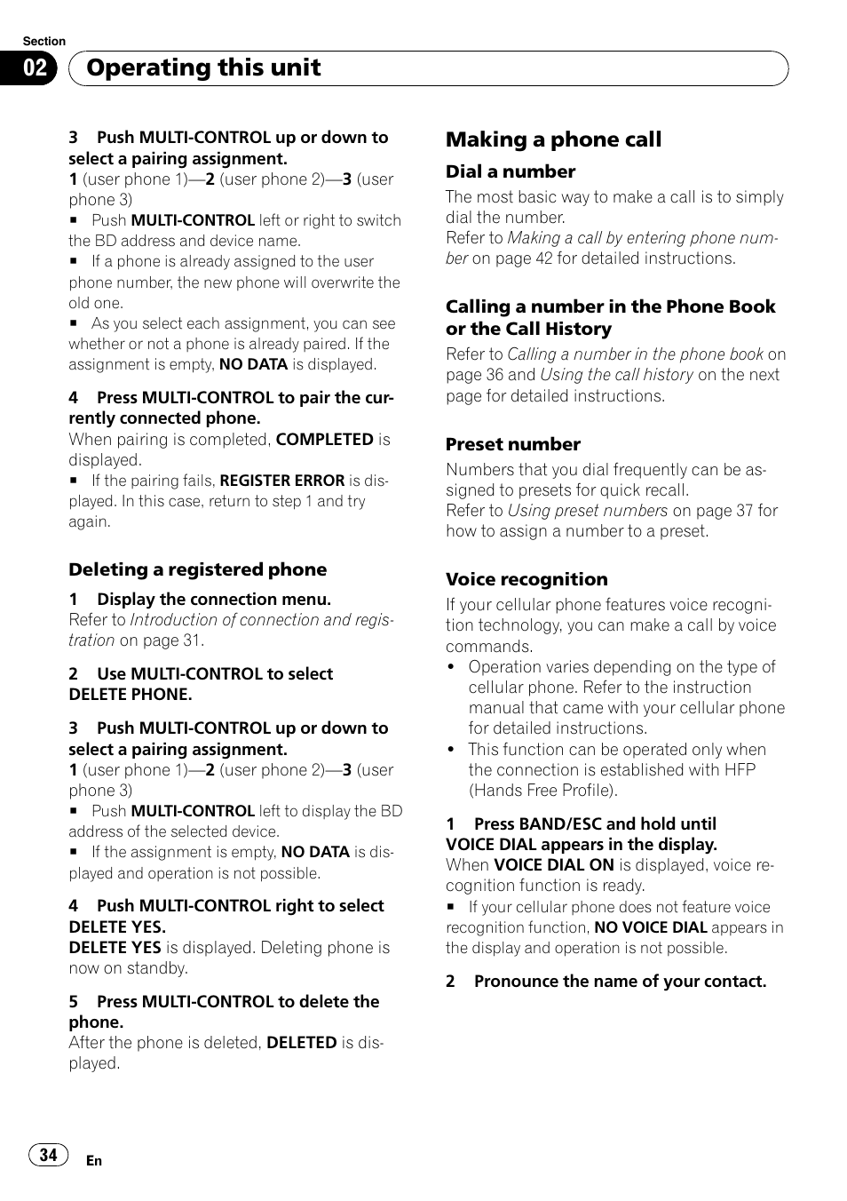 Making a phone call 34, Operating this unit, Making a phone call | Pioneer DEH-P700BT User Manual | Page 34 / 72