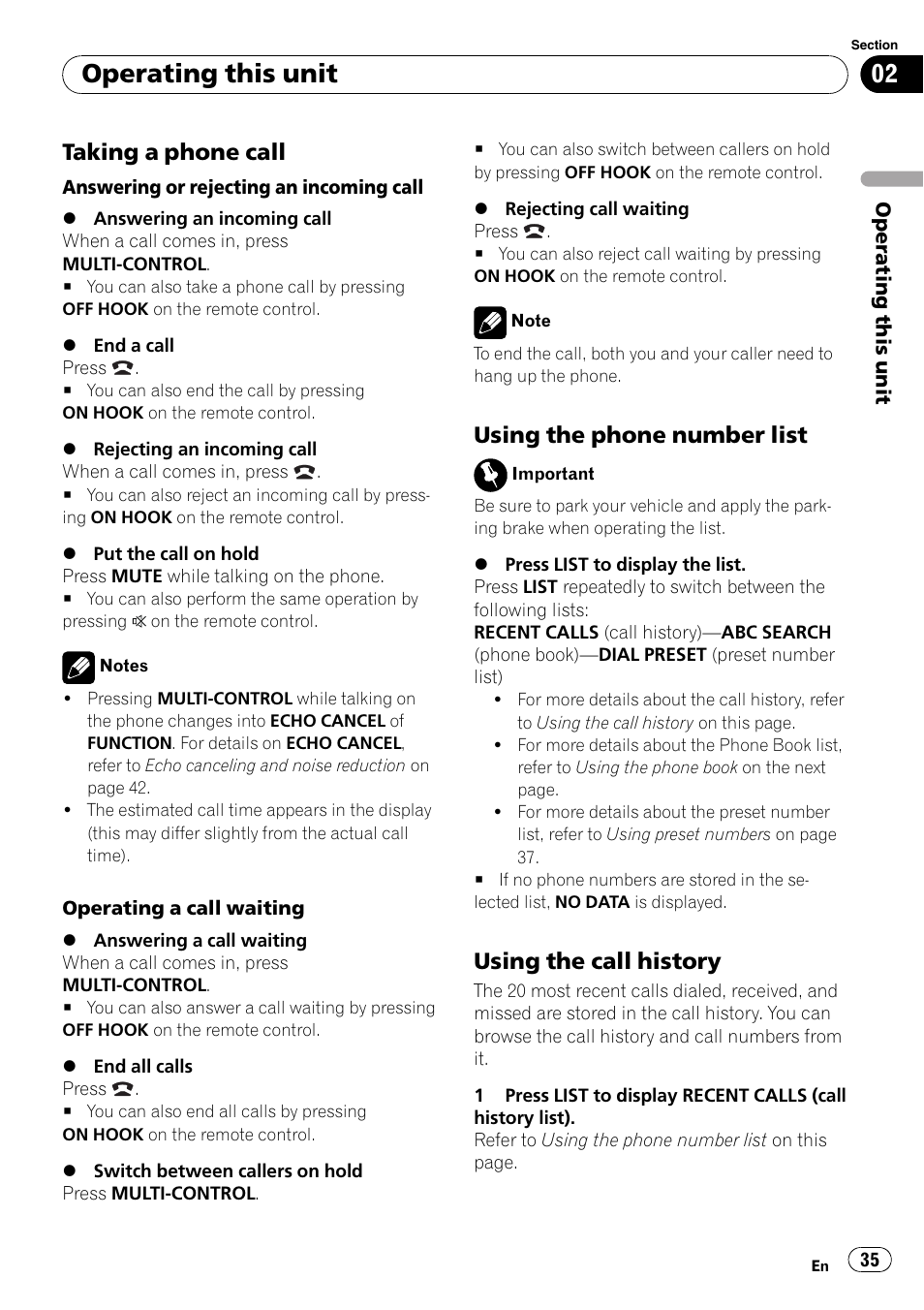 Taking a phone call 35, Using the phone number list 35, Using the call history 35 | Operating this unit, Taking a phone call, Using the phone number list, Using the call history | Pioneer DEH-P700BT User Manual | Page 35 / 72