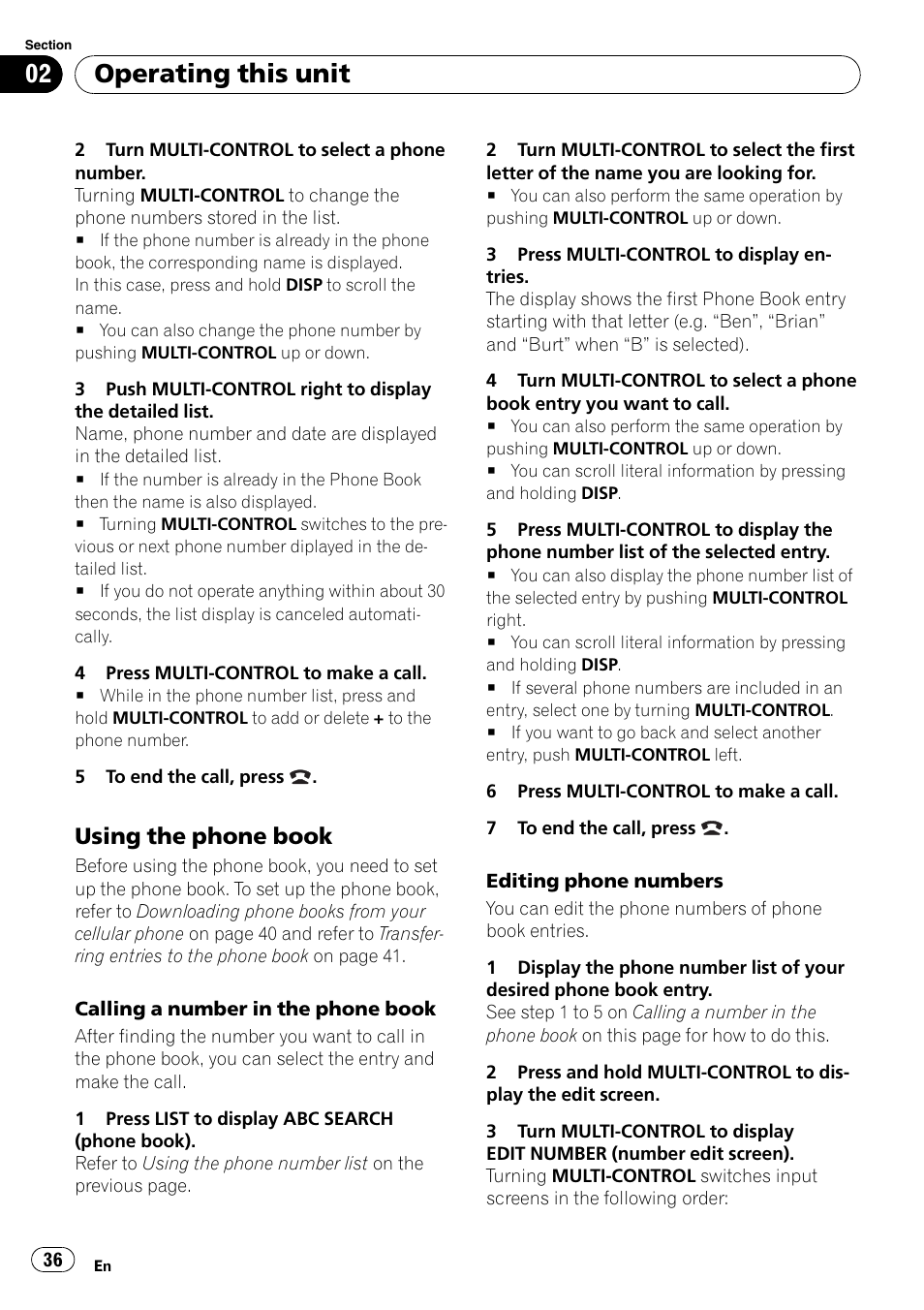 Using the phone book 36, Operating this unit, Using the phone book | Pioneer DEH-P700BT User Manual | Page 36 / 72